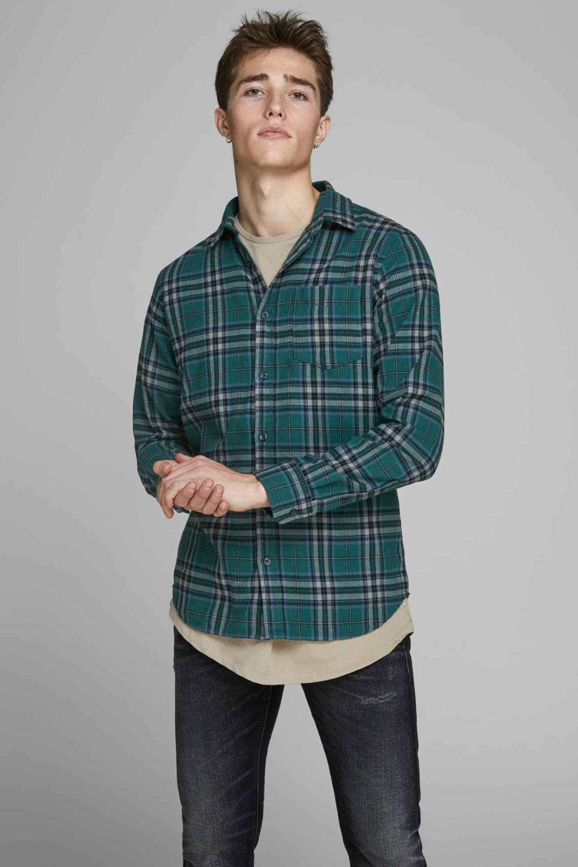 Ilgomis rankovėmis marškinys žalias JACK & JONES vyras