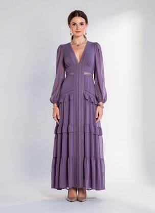 Ilga suknelė ilgos rankovės ilgos rankovės violetinis F & P moteris
