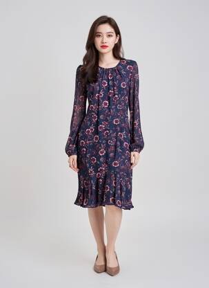 Pusilgių suknelė gėlių raštas ilgos rankovės mėlyna TOMMY HILFIGER moteris