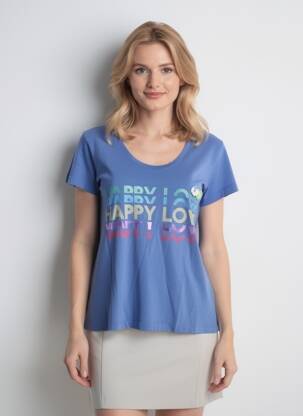 T-marškinys floqué serigrafija trumpas rankovės mėlyna HAPPY moteris