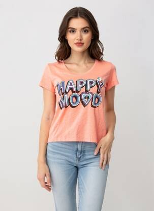 T-marškinys floqué serigrafija trumpas rankovės oranžinė HAPPY moteris