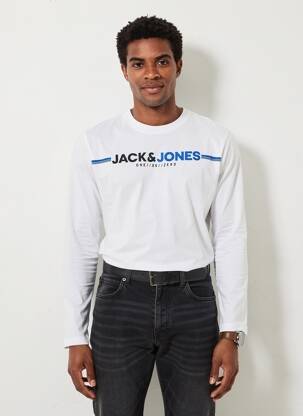 T-marškinys centrinė iškirptė ilgos rankovės baltas JACK & JONES vyras