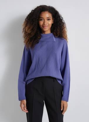 Megztinis su aukštu kaklu centrinė iškirptė ilgos rankovės mėlyna CASHMERE FEELING moteris