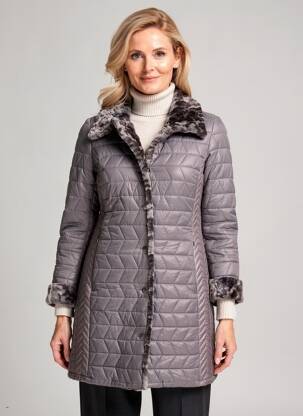 Pūkinė striukė ilgos rankovės be gobtuvų pilka FASHION moteris