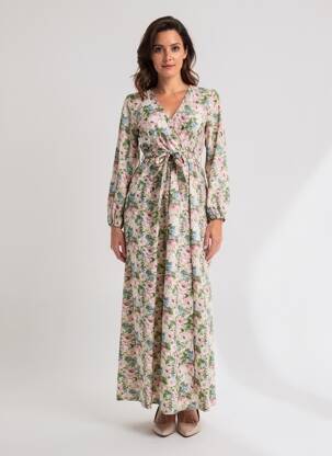 Ilga suknelė popelinos audinys, kuris pasižymi lygiu ir tankiu paviršiumi. ilgos rankovės žalias ROSA FASHION moteris