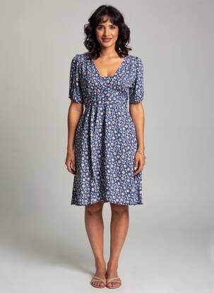 Pusilgių suknelė gėlių raštas trumpas rankovės mėlyna BAMBOO'S moteris