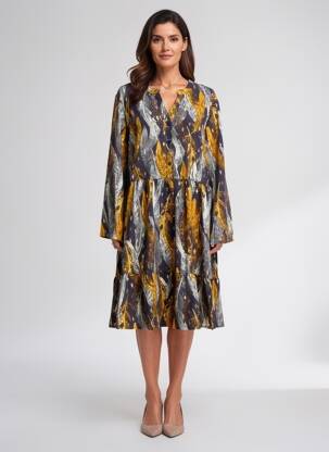 Pusilgių suknelė sklandi forma ilgos rankovės geltona WORLD FASHION moteris