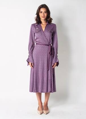 Pusilgių suknelė fantazijos raštas ilgos rankovės violetinis GUESS moteris
