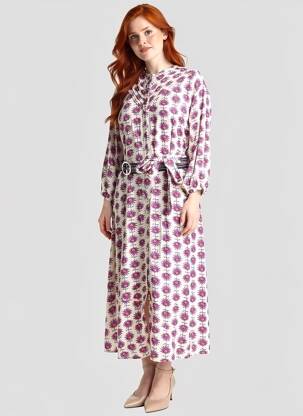 Ilga suknelė gėlių raštas 3/4 rankovės violetinis POM AMSTERDAM moteris