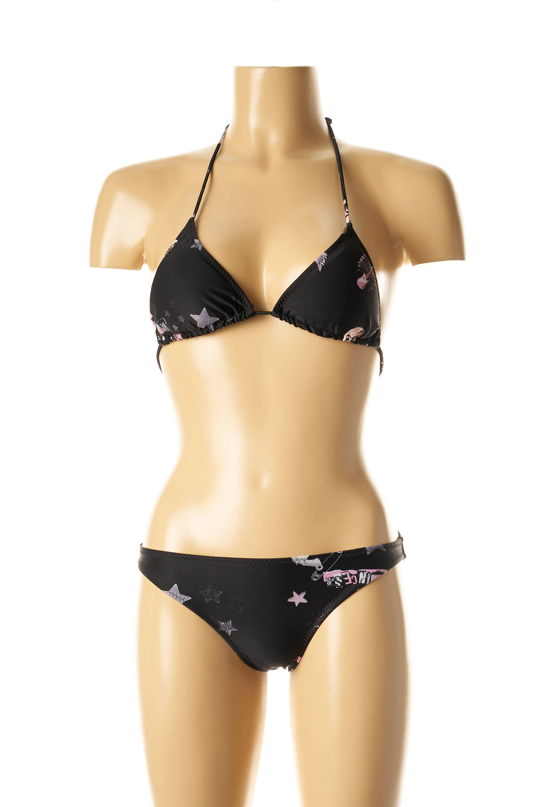 Dvivietis maudymosi kostiumėlis tamprumas aukšti trikampiai juodas I LOVE MY BIKINI moteris