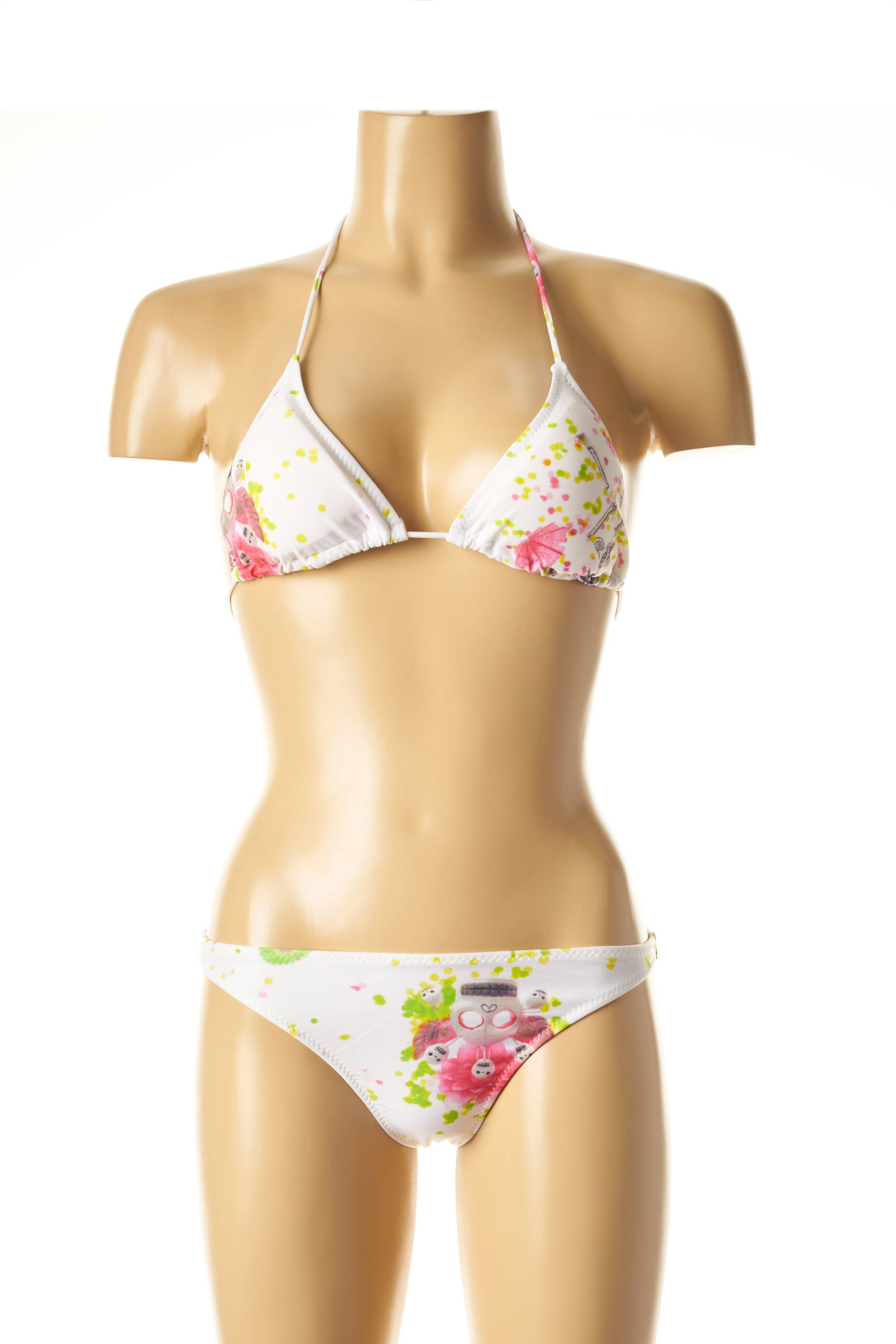 Dvivietis maudymosi kostiumėlis tamprumas aukšti trikampiai baltas I LOVE MY BIKINI moteris