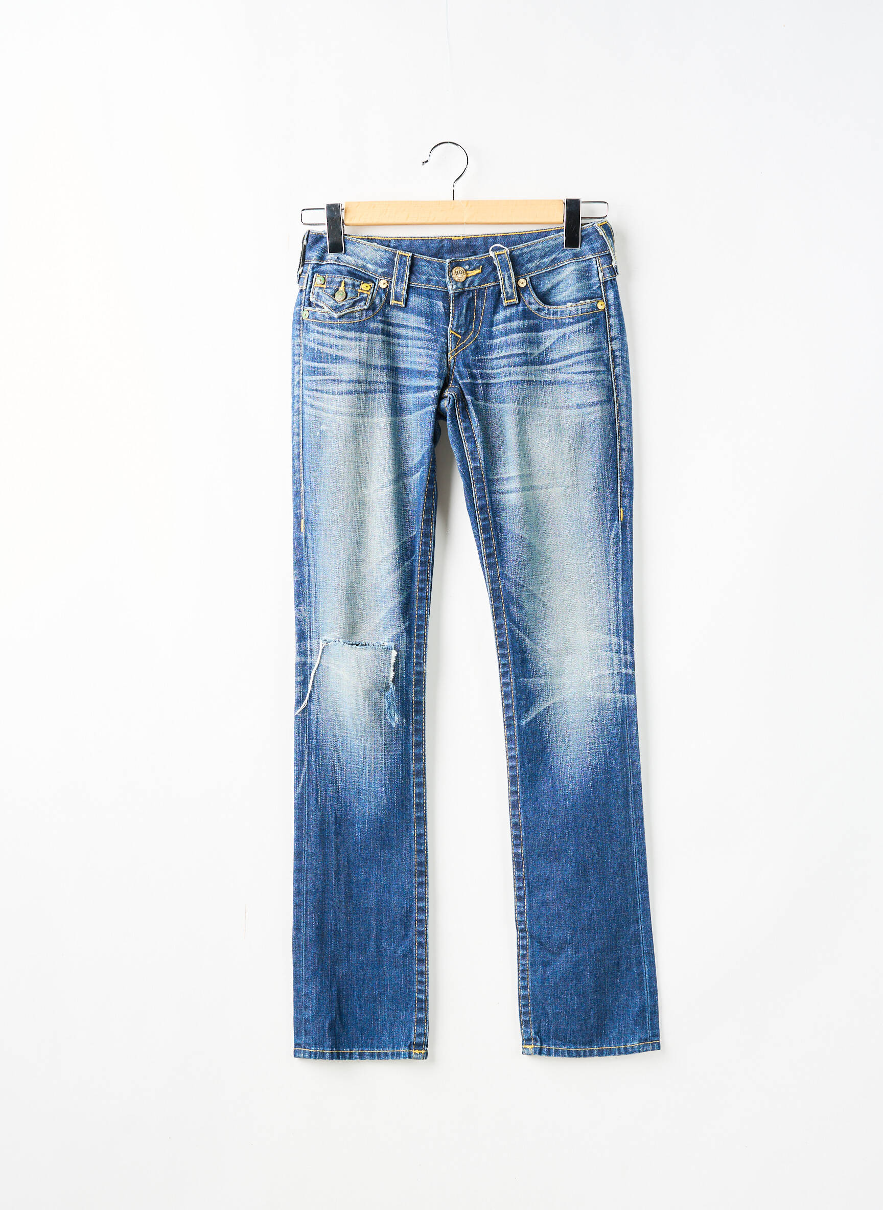 Tiesios kirpimo džinsai nusidėvėjęs ir išblukęs efektas maža dydžio mėlyna TRUE RELIGION moteris