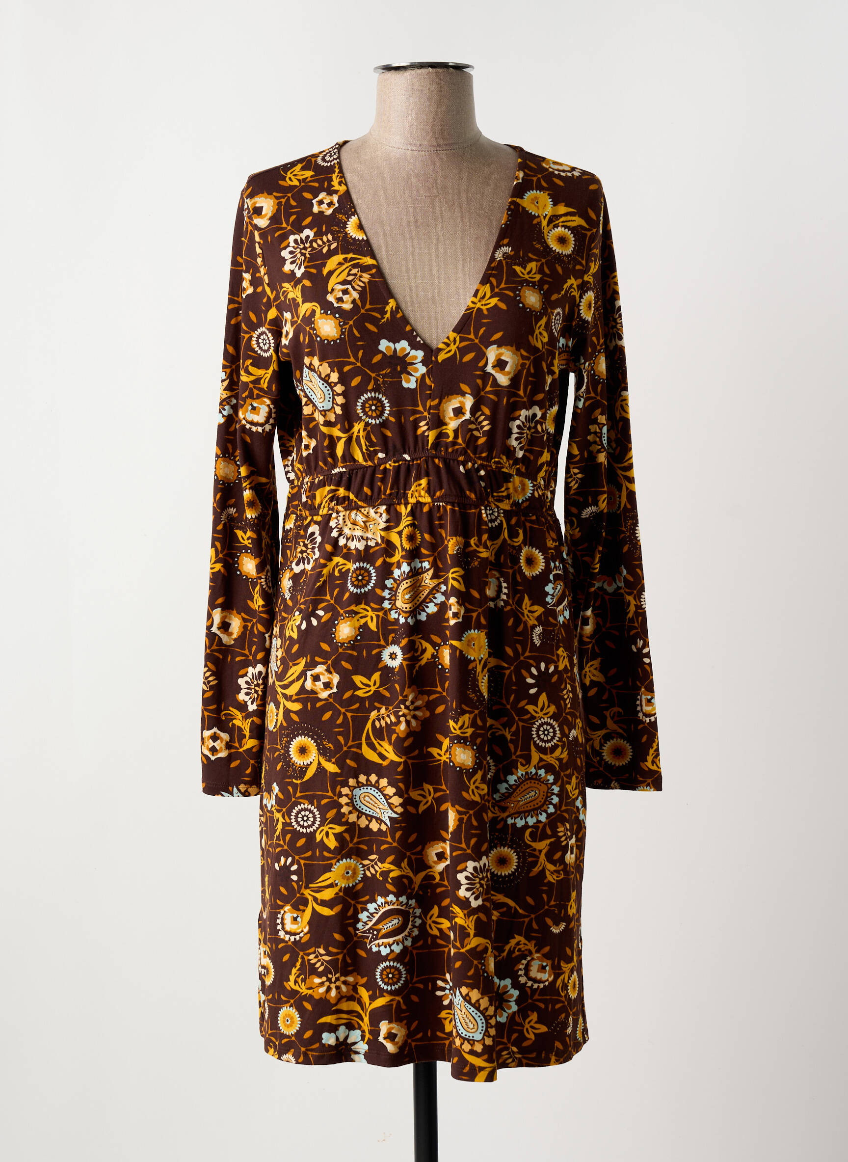 Pusilgių suknelė gėlių raštas ilgos rankovės rudas SURKANA moteris