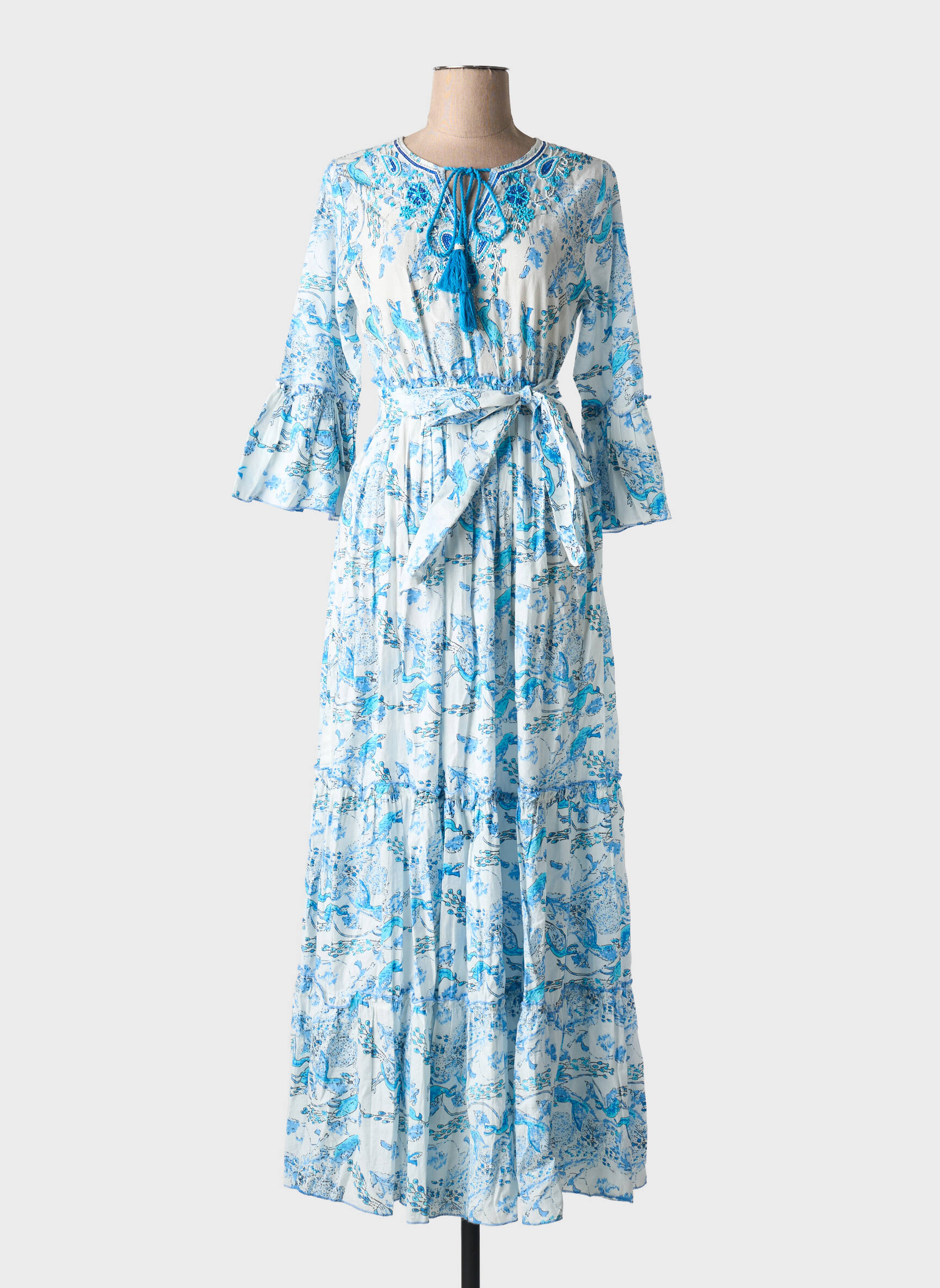 Ilga suknelė išplatėjusi kirpimas 3/4 rankovės mėlyna FASHION moteris