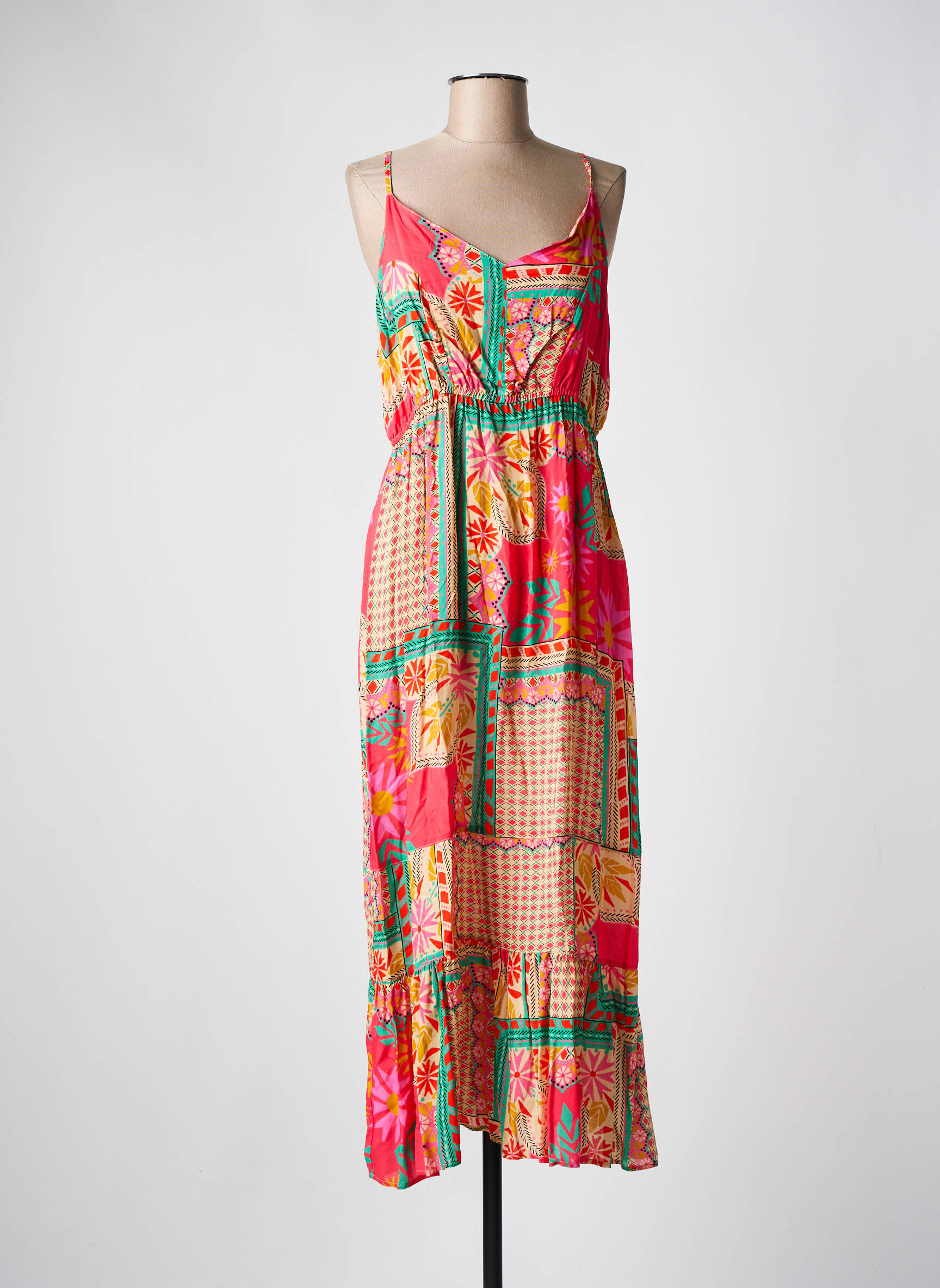Ilga suknelė fantazijos raštas plonos dirželiai rožinė C'EST BEAU LA VIE moteris