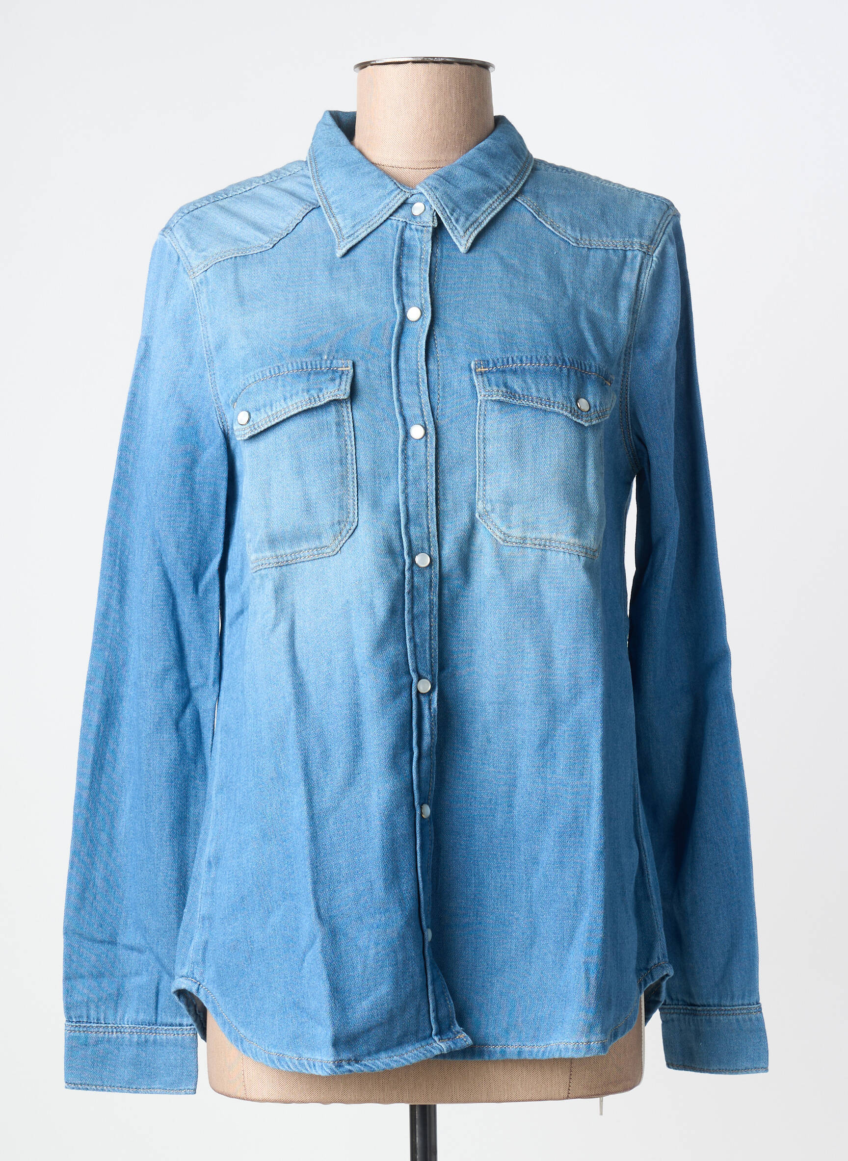 Moteriškas marškinys centrinė iškirptė ilgos rankovės mėlyna DENIM STUDIO moteris