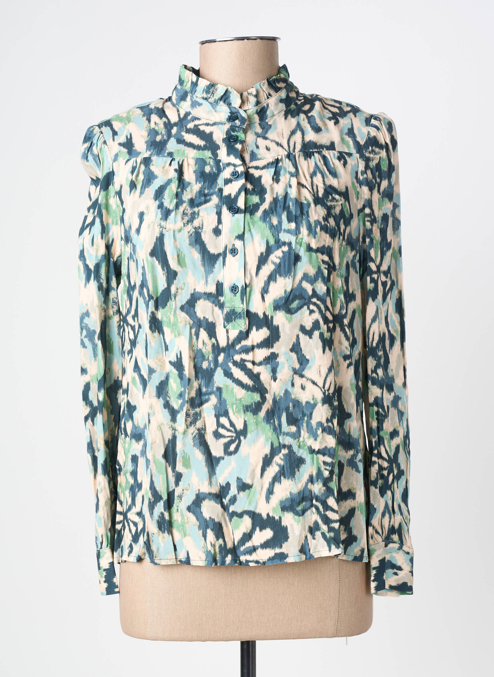 Moteriškas marškinys fantazijos raštas ilgos rankovės mėlyna C'EST BEAU LA VIE moteris