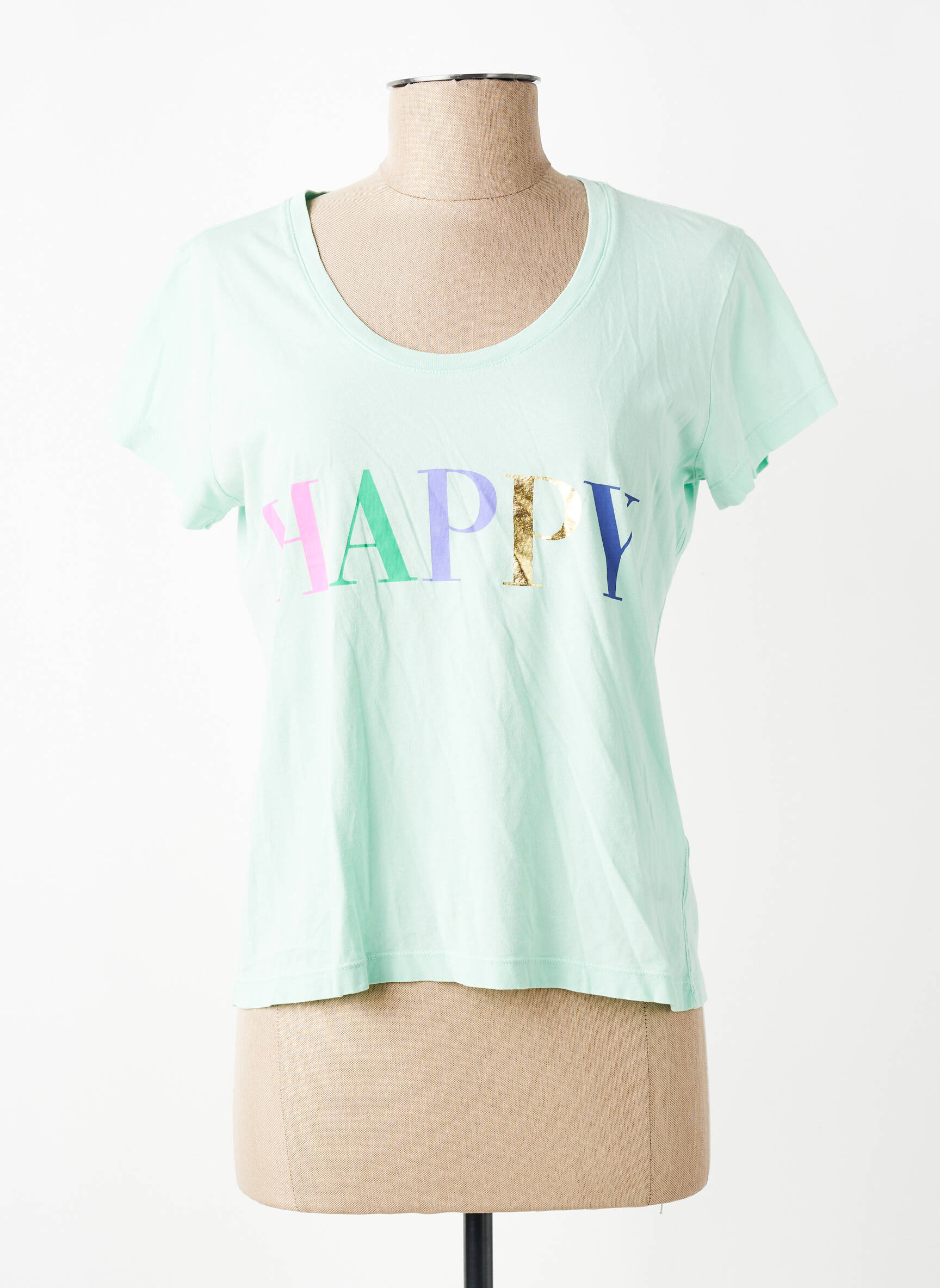 T-marškinys floqué serigrafija trumpas rankovės žalias HAPPY moteris